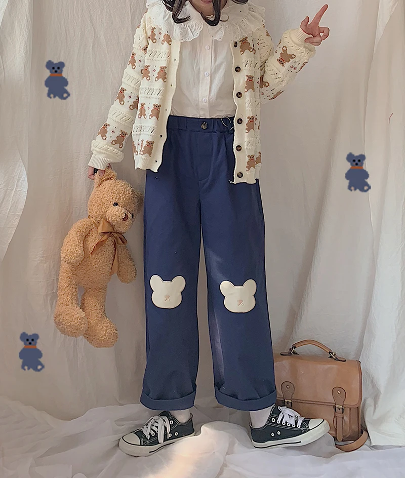 

Japanese Women College Style Wide leg Pants Autumn Winter New Cute Bear Patch Embroidery Elastic waist Nine pants Straight pants