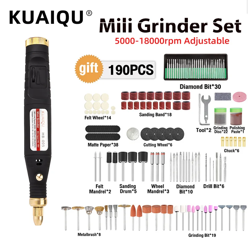 KUAIQU Mini Electric Drill Grinder Set 5000~18000rpm Variable Speed Rotary Tool Drilling Engraving Grinding Polishing 190 tips