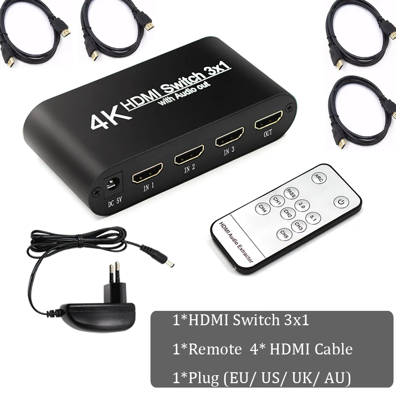 Plug Remote 4 HDMI HDMI коммутатор 3x1 4K Аудио экстрактор с дистанционным аудио Out3 в 1 переключатель разветвитель для ПК, телевизор, монитор PS4 xbox HDMI 2,0 - Цвет: Plug Remote 4 HDMI