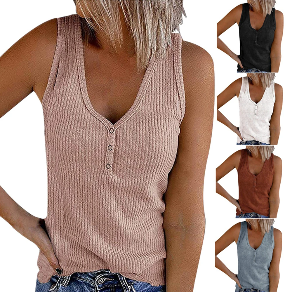 

Summer Women Casual Tank Tops Sexy Button V-Neck Solid Sleeveless T-Shirt Vest Woman With Seven Colors Top S-5XL