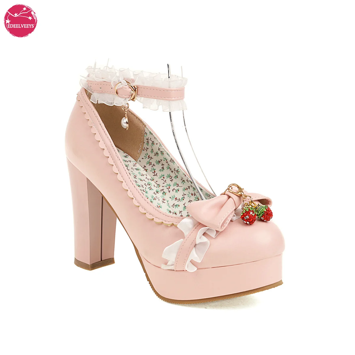 Lolita-zapatos de tacón alto con punta para mujer, calzado con plataforma, con lazo, para fiesta de boda, Mary Jane, con fresa reemplazable