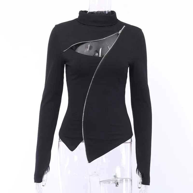 

Gothic Punk Zipper Hollow Out Long Sleeve T-shirt InsGoth Turleneck Bodycon Black Women T-shirts Streetwear Party Sexy Goth Top