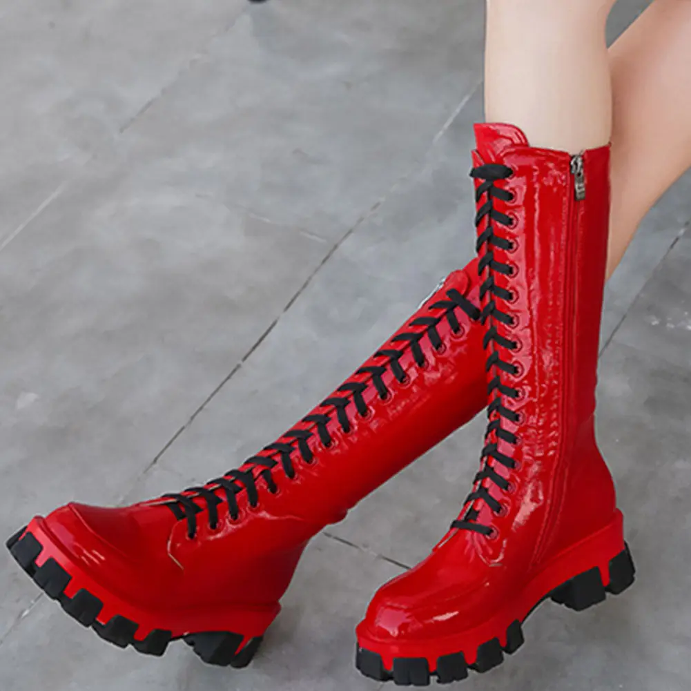 

RIBETRINI Cool Women Round Toe Platform shoes lace Shoes Women Chunky Heel Mid Calf Boots Mixed Color Zipper Designer Boots