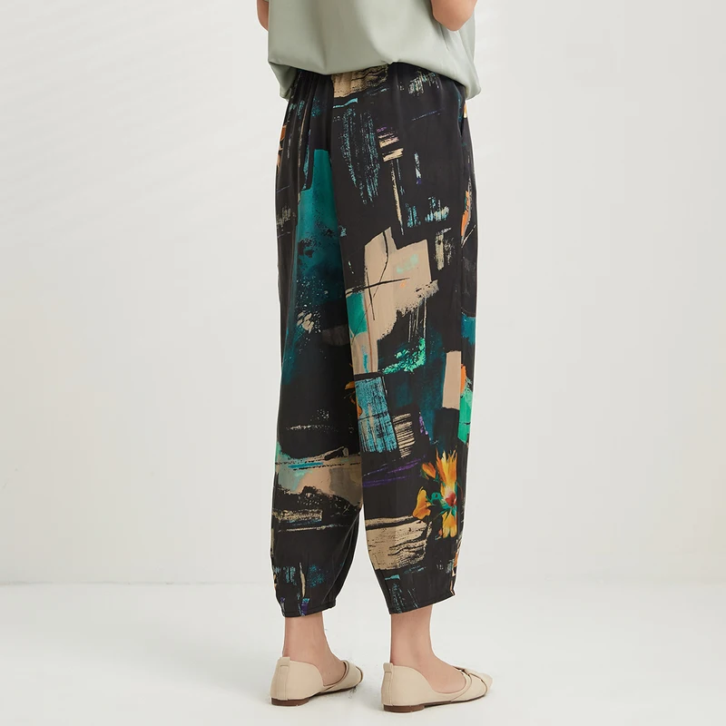[New product] Jinju spring and summer new elastic waist printed silk and silk women's casual radish pants