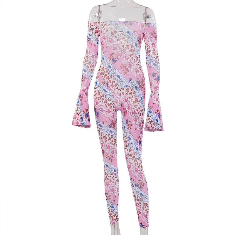 

2020 Sexy Women Summer Club Jumpsuits Off Shoulder Floral Print Slim Romper Flared Sleeve Printed Casual Pants Tights Playsuits