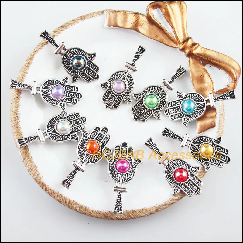 

20New Hand Charms Tibetan Silver Tone Retro Mixed Acrylic Pendants 17.5x33mm