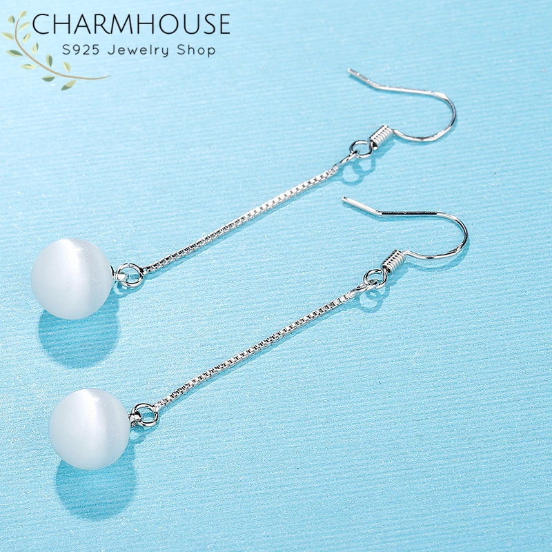 Серьги из серебра 925 пробы для женщин с опаловым шариком и длинной кисточкой