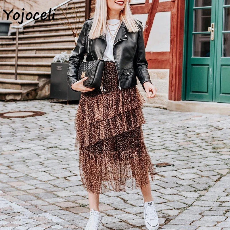 Yojoceli леопардовая юбка сетчатая гофрированная Юбка-миди Женская Лоскутная