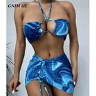 GNIM сексуальное бандо выдалбливают бикини Купальники Для женщин; Комплект из трех предметов 2021 Пляжная Cover Up купальник с завязками повязки ванный комплект