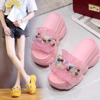 2020 summer new fashion lace gauze outside string bead thick bottom wedges slides slippers women solid super high 8cm up party
