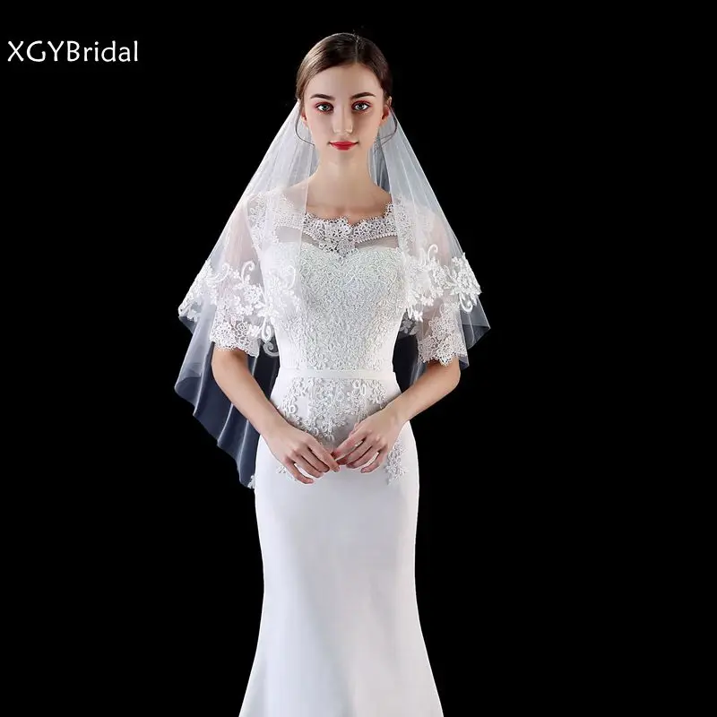 

Новое поступление, двухслойная короткая свадебная фата, Кружевная аппликация, недорогие свадебные аксессуары, вуаль для невесты