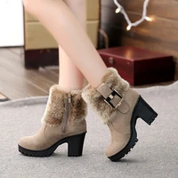 warm fur snow boots women classic buckle ladies boots high heels black platform ankle boots square heel winter women shoes new