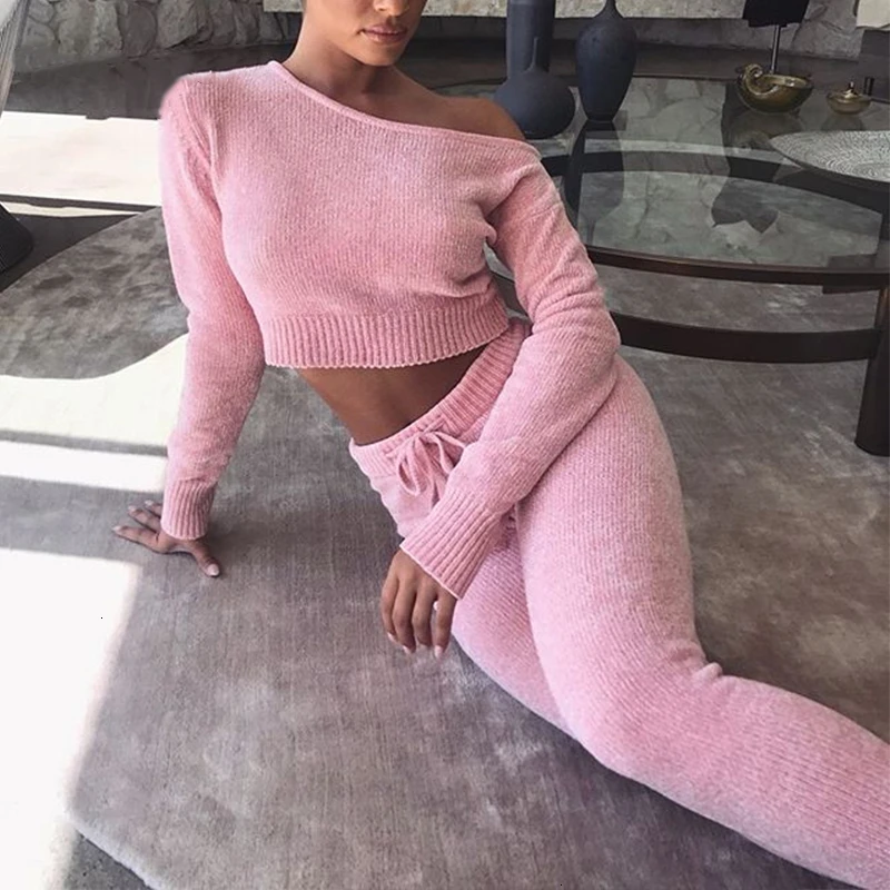 2019 Autumn Winter Knitted 2 Piece Female Tracksuit Women Sportswear Sexy Top And Long Pant Two Set For | Женская одежда - Фото №1