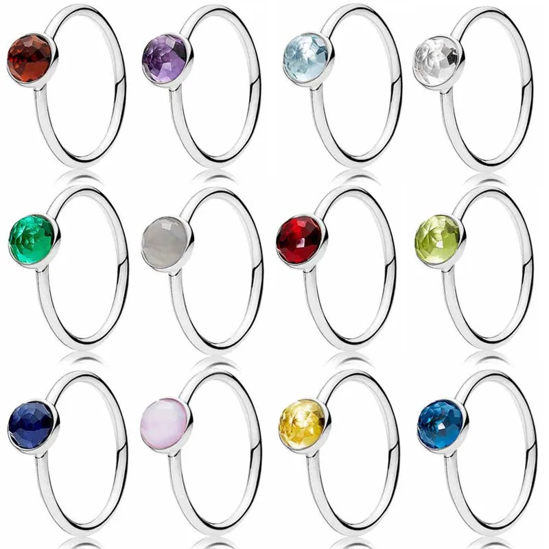 

Original 925 Sterling Silver Ring Month Droplet With Colorful Crystal For Women Wedding Party Gift Europe Fashion Jewelry