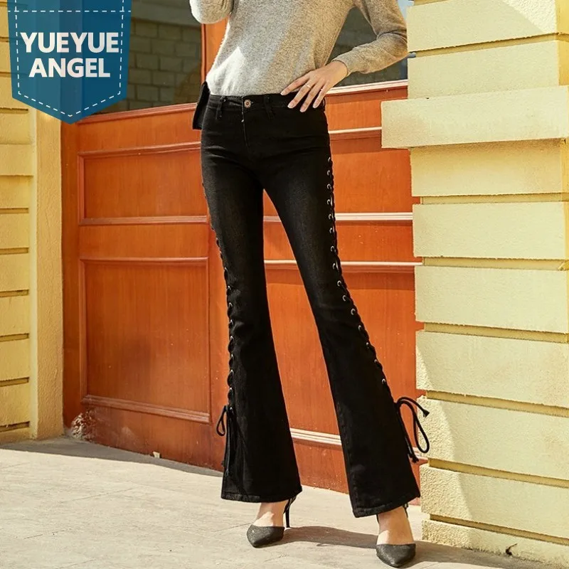 

Spring Casual Split Elastic Lace Up Black High Waisted Pants Women Skinny Push Up Flared Jeans Sexy Office Female Denim Trousers