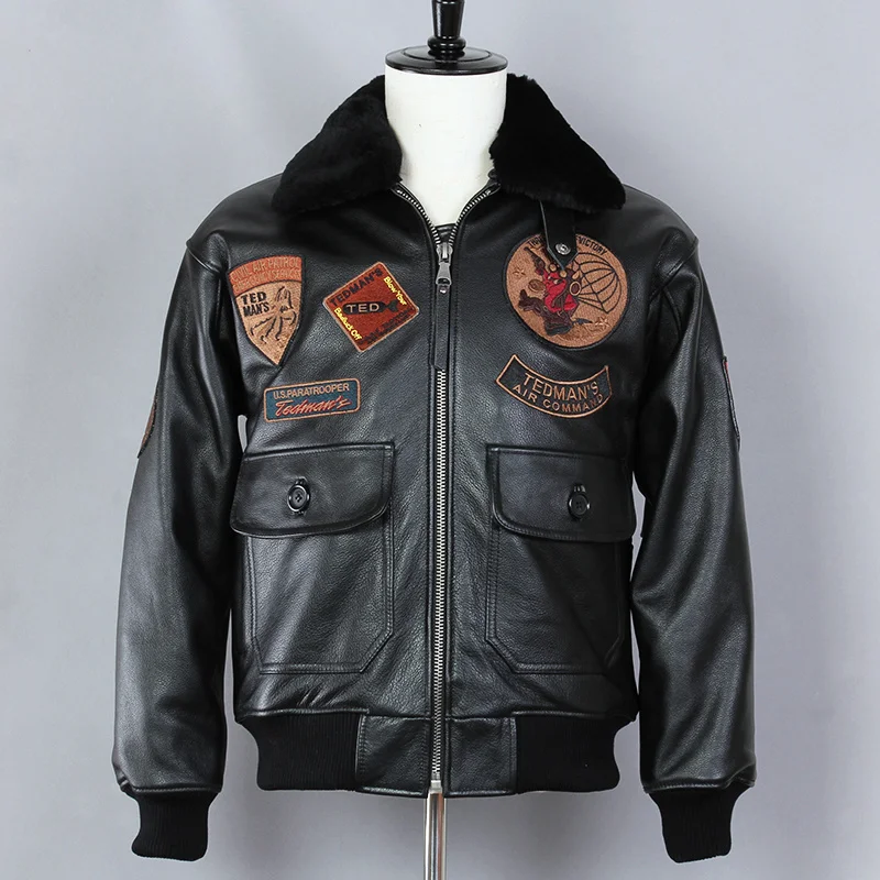 

Куртка-бомбер мужская из натуральной кожи, с меховым воротником, из коровьей кожи