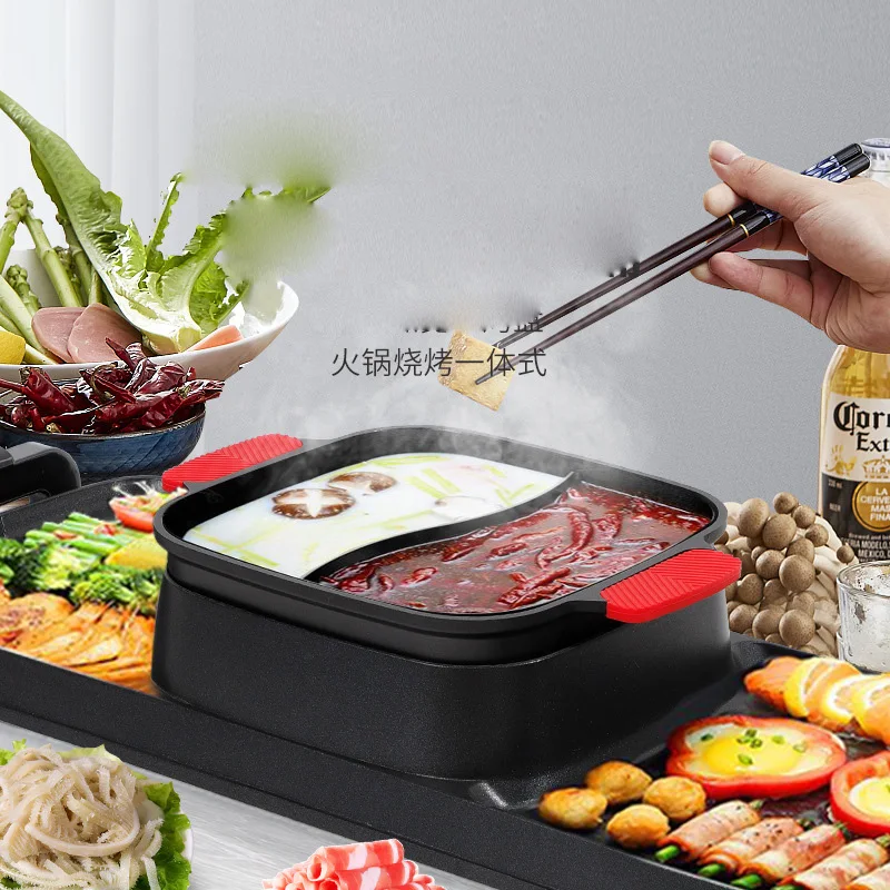 구매 2 인 1 전기 바베큐 그릴, 실내 냄비, 2200W, 붙지 않는 베이킹 팬, 별도 이중 온도 조절, 무연 바베큐