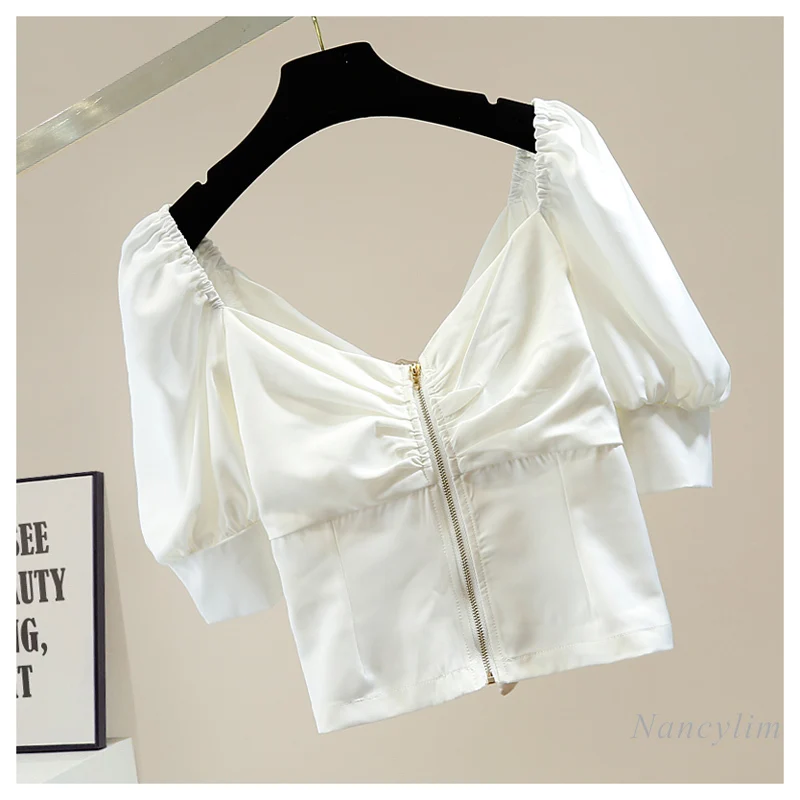 Vintage Manches Courtes Bouffantes Chemisiers Femmes Design De Mode À Lacets Tridimensionnel Grand Noeud Fermeture Éclair Arrière Haut Court Dame Chemise Blusa