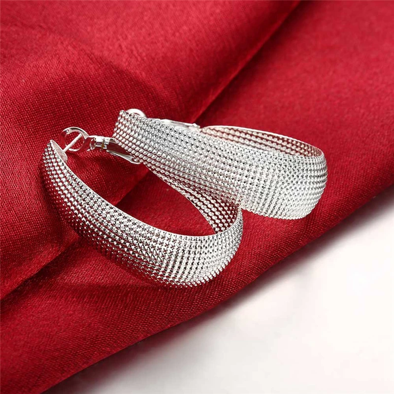

High Quality Silver Mesh Oval Hoop Earring for Women Wedding Earring Gift Fine European Jewelry Christmas Gift Engagement Party