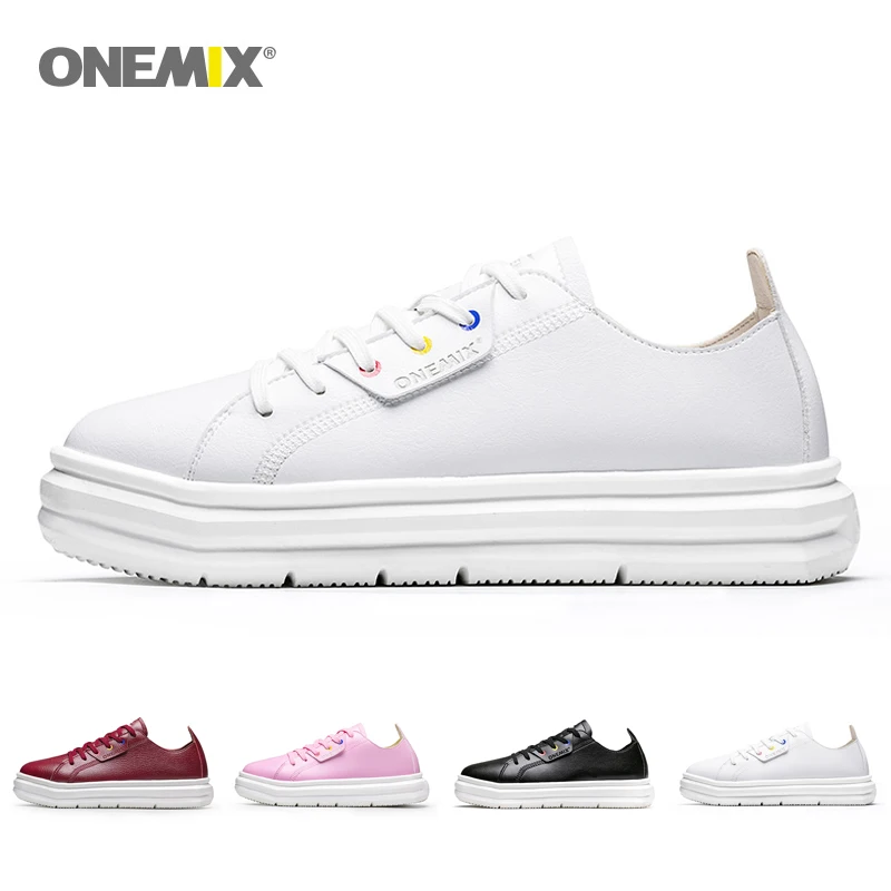 ONEMIX Men Shoes Sneakers Fashion Casual Soft Leather Woemn Skateboard Shoes Round Toe Lace up Flat Platform Lightweight Jogging