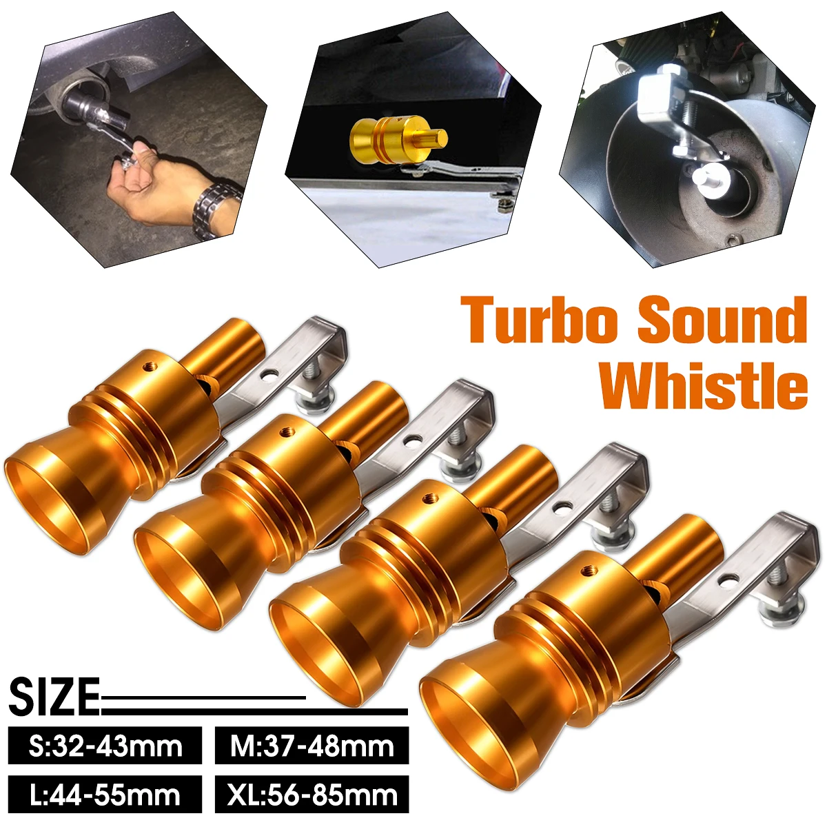 

Gold Motorbike Car Exhaust Fake Turbo Whistle Pipe Sound Muffler Blow Off Valve Bov Universal Simulator Whistler S/M/L/XL