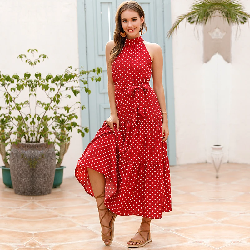 

Summer 2021 Lace Up Halter Dress Vintage High Waist Straight Long Frocks for Women Casual Ankle-length Polka Dot Dress Vestidos