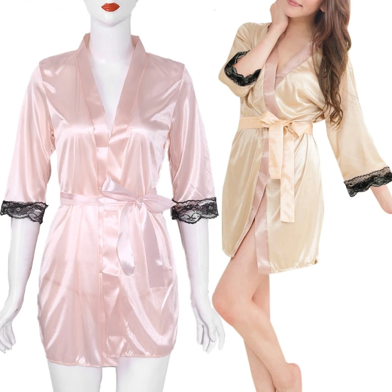 

2021 New Women's Short Kimono Style V-Neck Bathrobe Plain Dressing Gown Bridal Party Robe