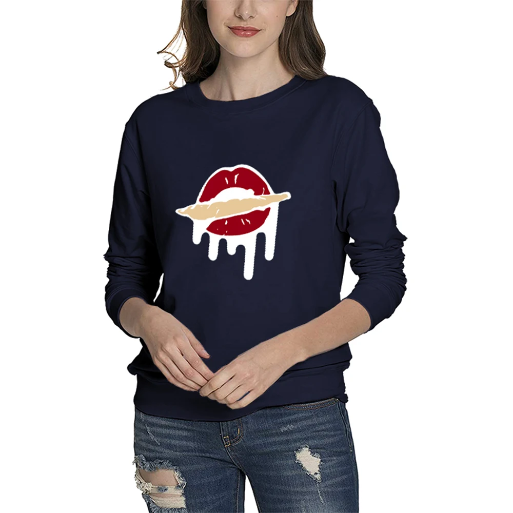 

WZ20495 Autumn and Winter Fashion Women's Wear Loose Fit Pretty Lip Pattern Printed Large Size Round Neck Casual Pullover Woman