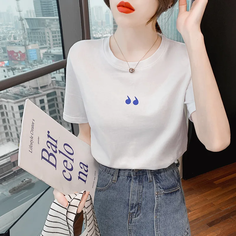 

Pure cotton printed short-sleeved t-shirt women 2021 summer new Korean version loose and thin wild round neck t-shirt top