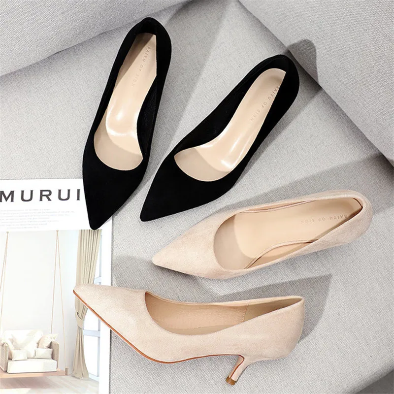 Женские офисные туфли из искусственной замши на высоком каблуке с острым носком