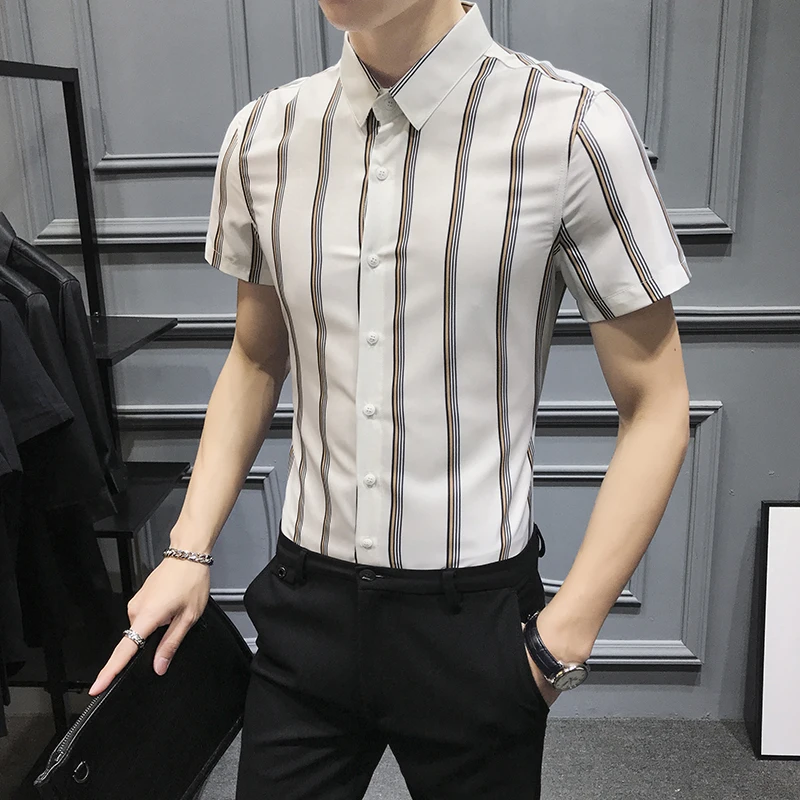 Мужская рубашка в полоску с коротким рукавом черная белая camisa masculina 2020 летняя