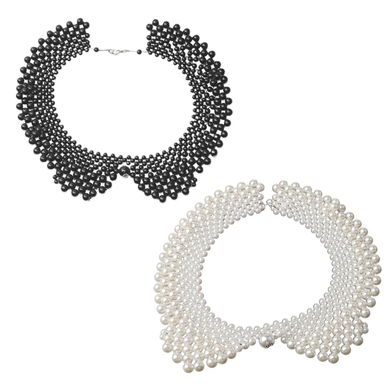 

Ethnic Handmade Woven Beading False Collar Imitation Pearl Jewelry Women Bib Choker Necklace Romantic Blouse Decorative Costume