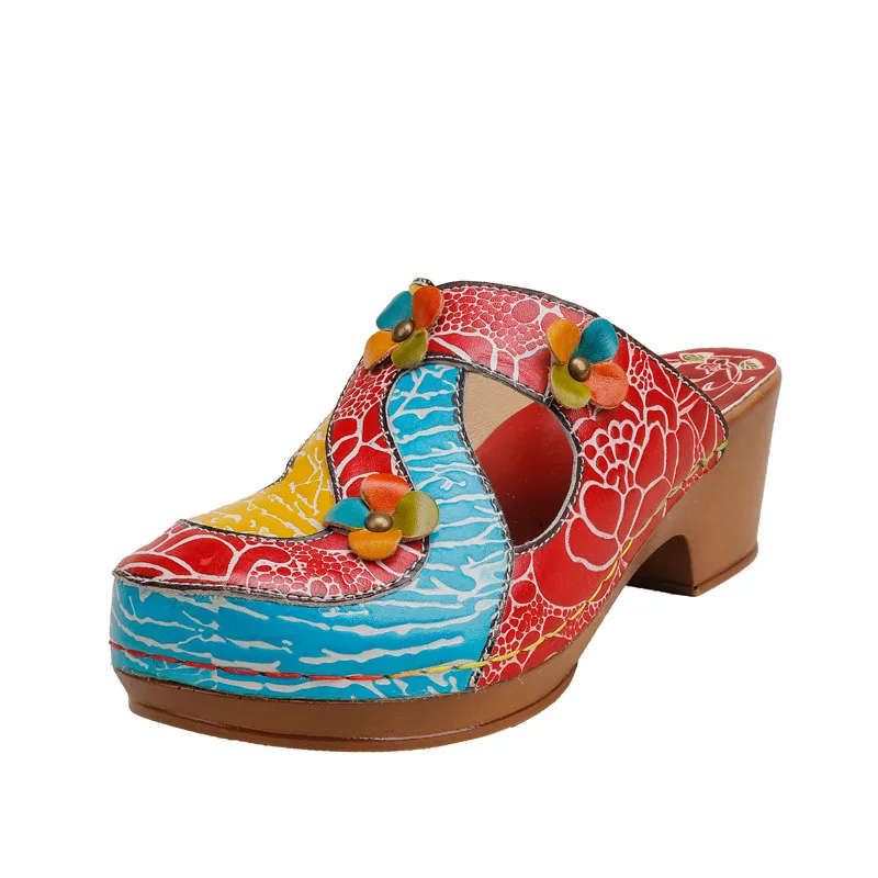

Johnature Genuine Leather Women Slippers Summer Shoes 2021 New Hand-painted Outside Slides Wedges Flower Retro Leisure Slippers