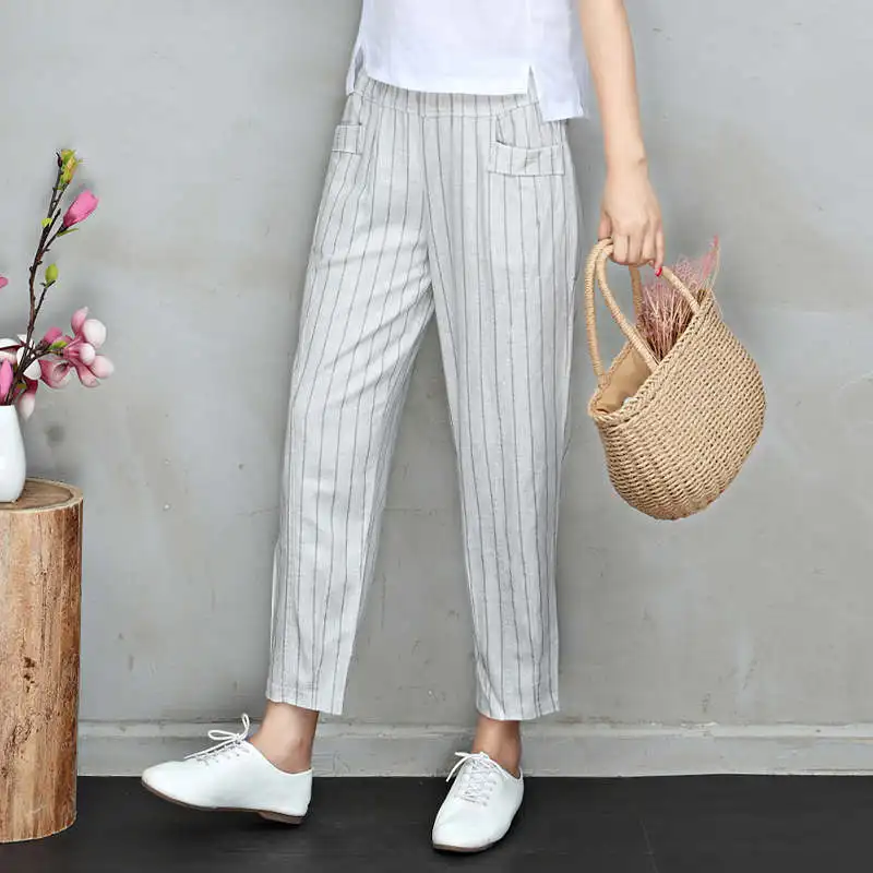 

4XL Plus Size Vertical Stripes Cotton Linen Pants Women Summer Thin Straight Casual Harem Pants Streetwear Women Trousers C6959