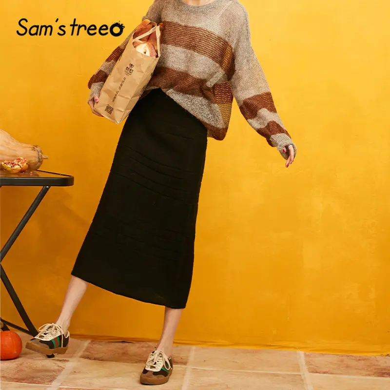 SAM'S TREE, цветные полосатые вязаные юбки-карандаш для женщин, осень, черные однотонные юбки в Корейском стиле, повседневные офисные женские юбки