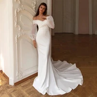 simple mermaid wedding dresses sweetheart off the shoulder long puff sleeves backless chiffon court train bridal gowns custom