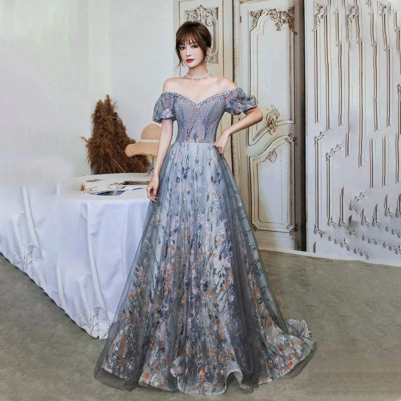 

Boat Neck A-Line Evening Dress Elegant Short Sleeves Ruched Bling Floor-Length Lace Up Appliques Woman Formal Party Gowns A945