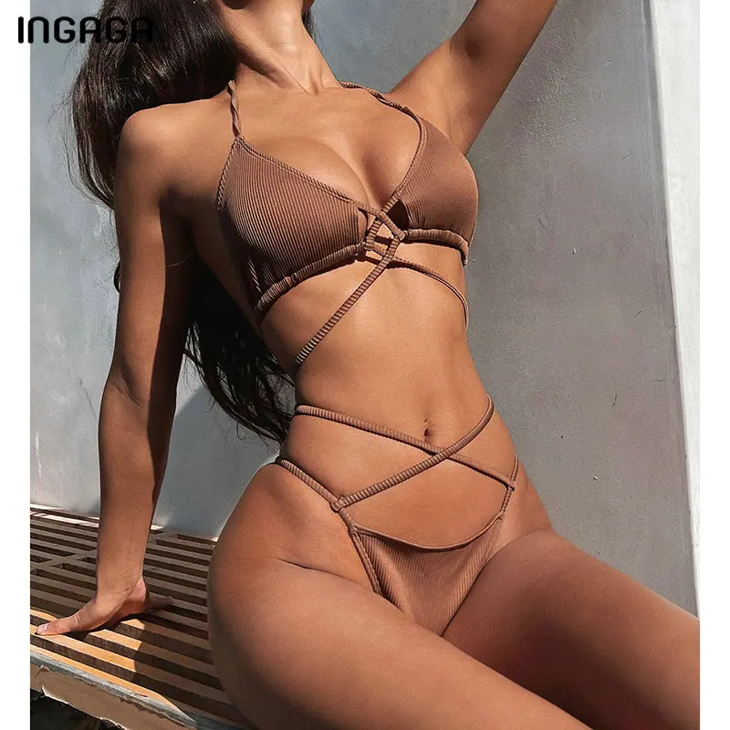 Ingaga Lace-up Bikini Sexy Badmode Women Push Up Women Bathing suits Biquini Holder Bathing suits High Cut Bikini Set