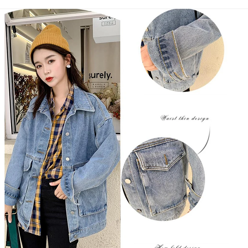 Джинсовая куртка для женщин свободная повседневная синяя однотонная из денима с
