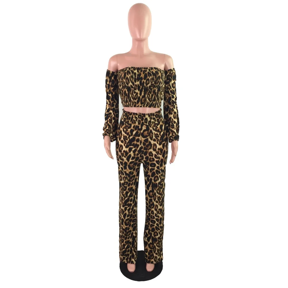 

Women Plus Size Leopard 2 Piece Outfits Off Shoulder Long Sleeve Crop Tops and Straight Long Pant Vintage Lounge Wear Sweatsuit