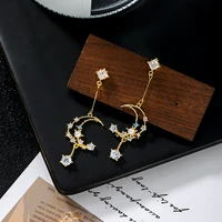 new popular design 14k real gold pearl crystal moon drop earrings for women charm jewelry s925 silver needle aaa zircon party