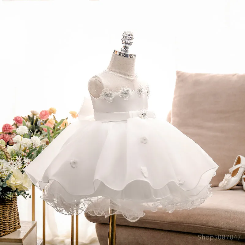 Теперь платья для маленьких девочек платье крещения с 3D цветами тюль бусинами на