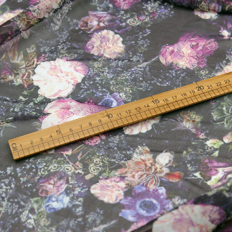 Фиолетовый цветочный принт 100% шелк жоржет Марля шелковая ткань 136 см ширина