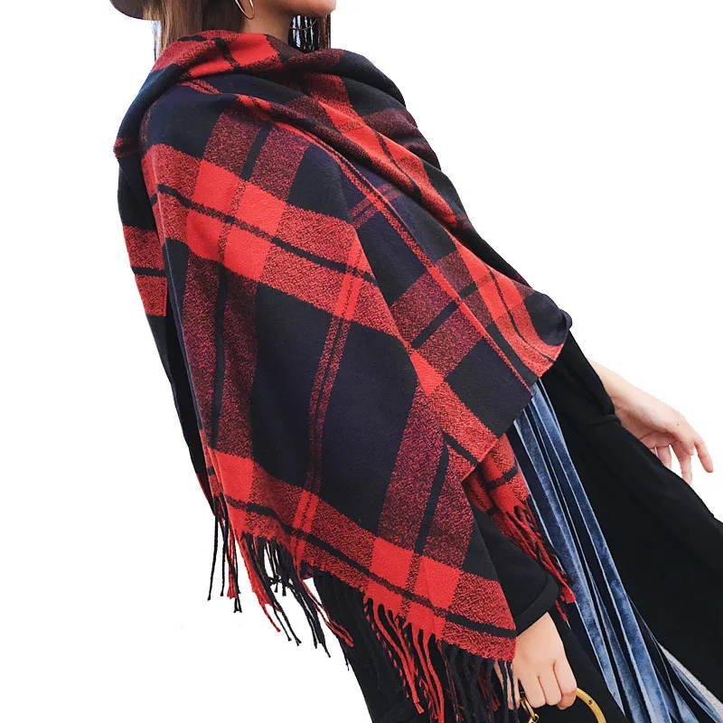 

2020 Elegant Dark Green Plaid Cashmere Scarf for Women Winter Plaid Shawl Female Winter Poncho Design Ladies Red Tippet scarves