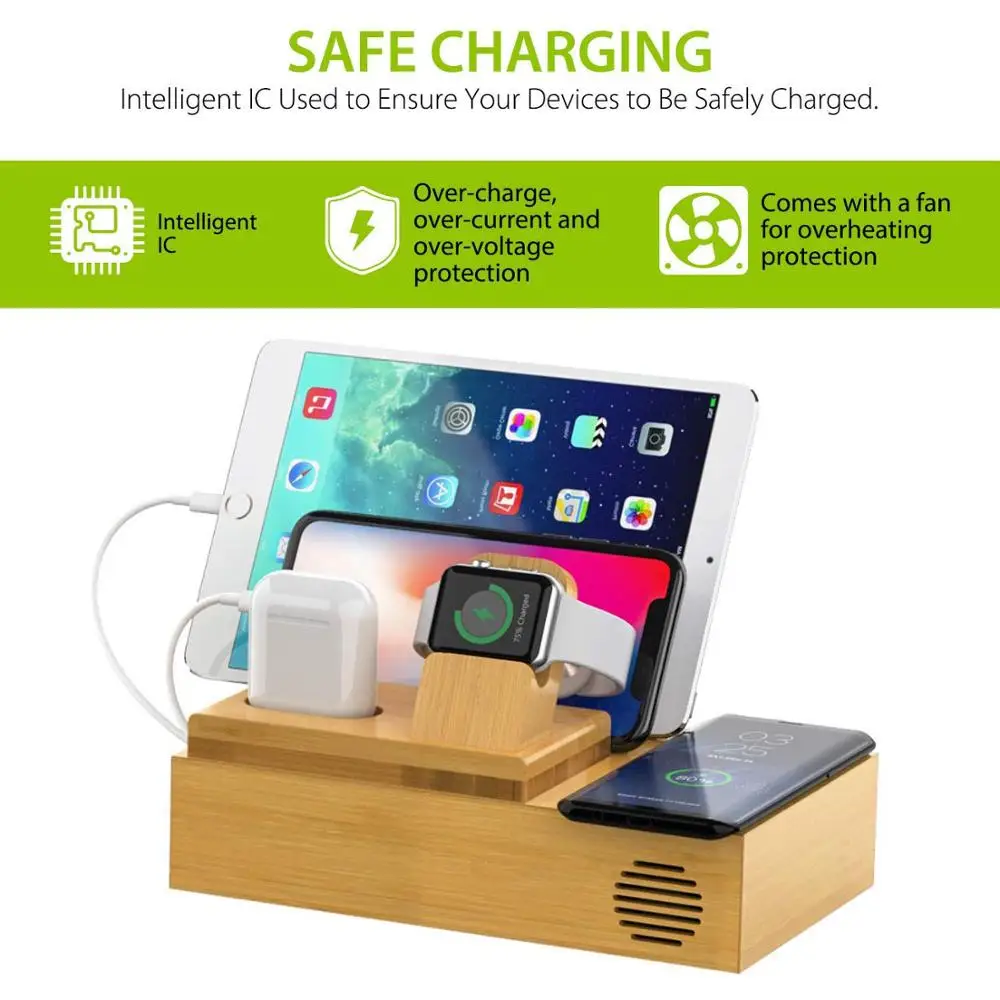 Бамбуковая зарядная станция с 4 USB портами и беспроводным зарядным устройством