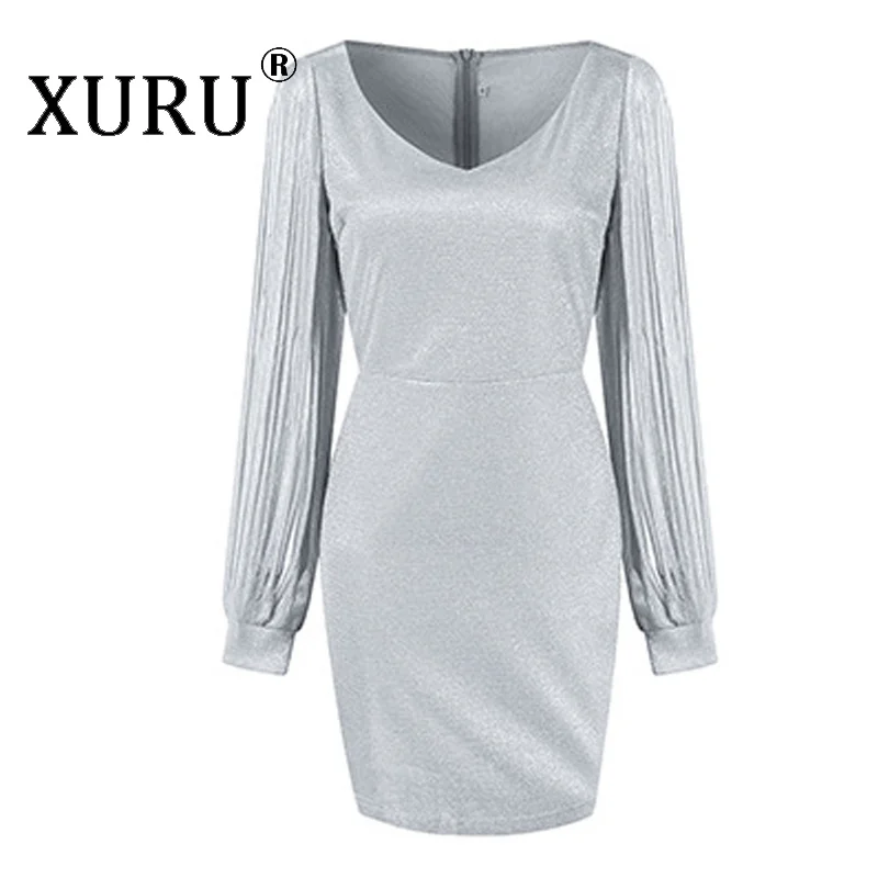 

XURU Europe and America Sexy Fringed Lantern Sleeve Dress Autumn New Women's Nightclub Hot V-neck Shiny Dress