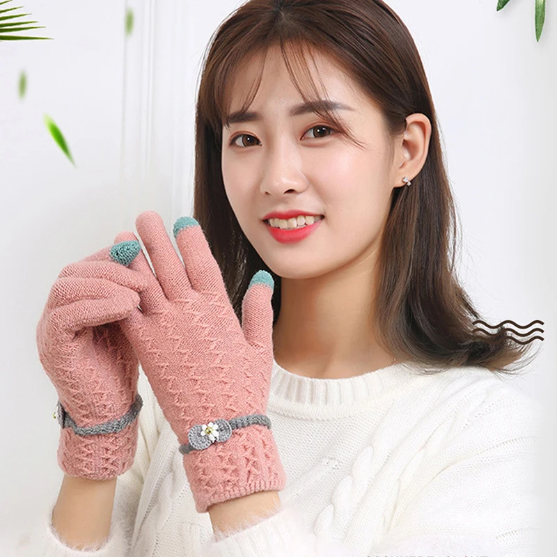 

Autumn Winter Women Split Finger Gloves Cashmere Warm Fashion Bow Solid Colour Jacquard Touch Screen Gloves