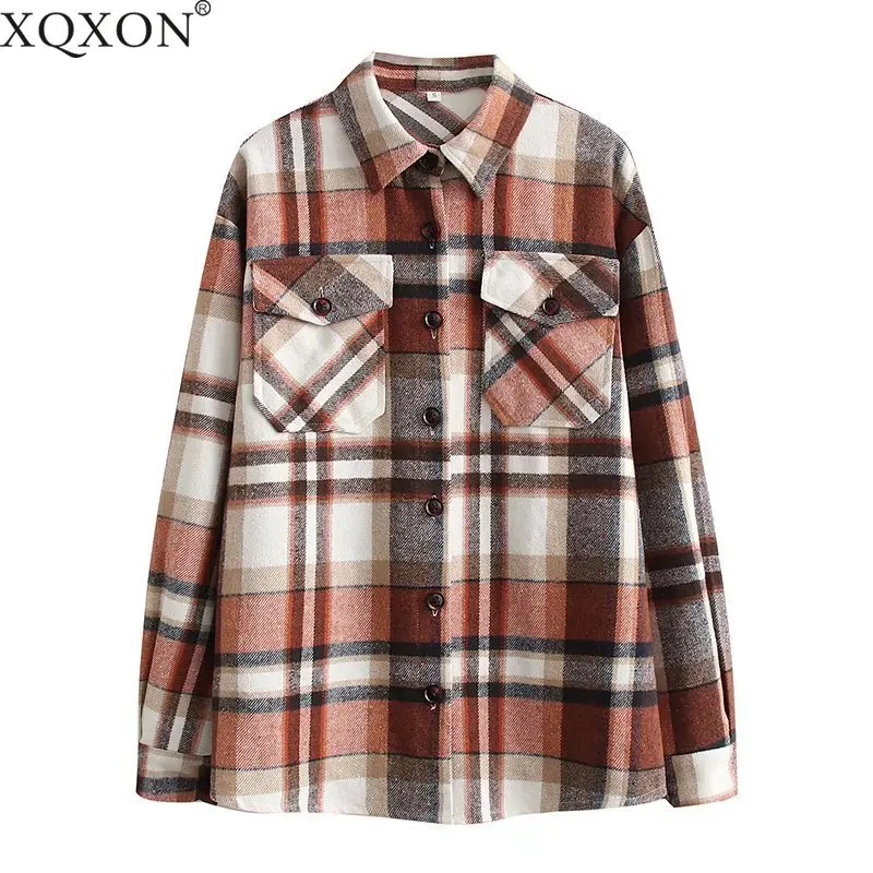 

Autumn and winter new style women's fashion woolen long blouse plaid single-breasted shirt tops mujer