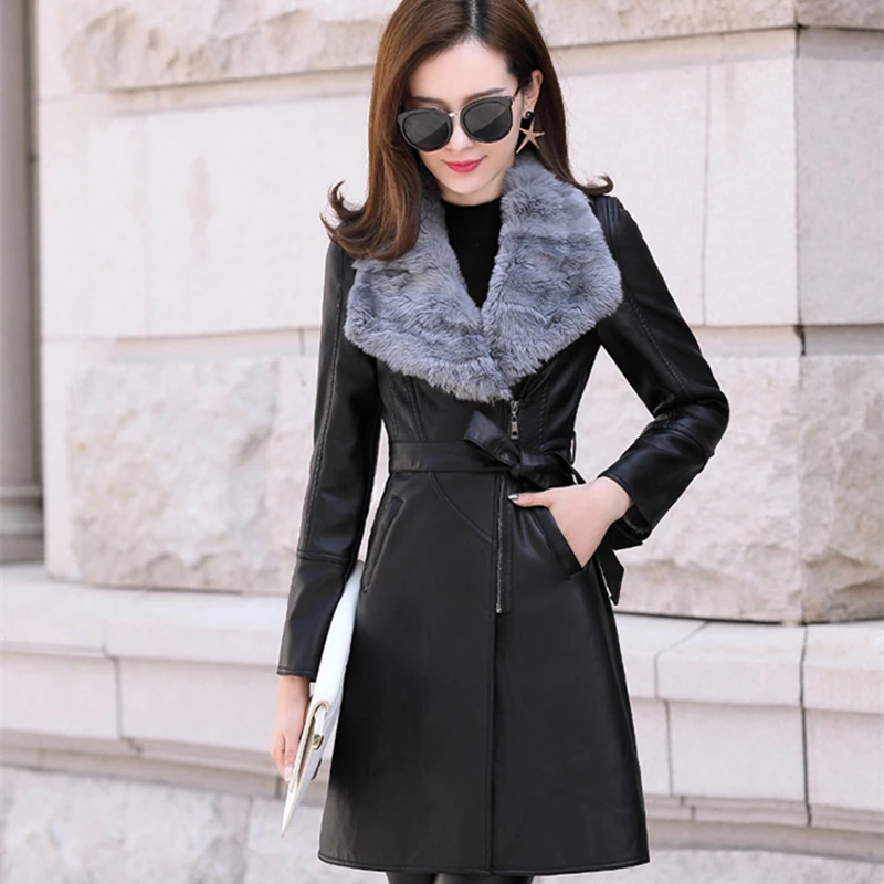 

Women Fashion Winter Zippers New V-Neck Thicken Warm Adjustable Waist High quality Female Fox Fur Real leather coat CY625