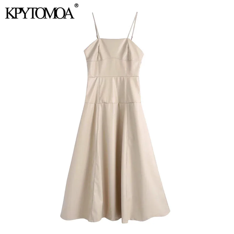 

KPYTOMOA женское 2021 шикарное модное платье миди из искусственной кожи винтажные женские платья с открытой спиной на тонких бретелях Vestidos Mujer